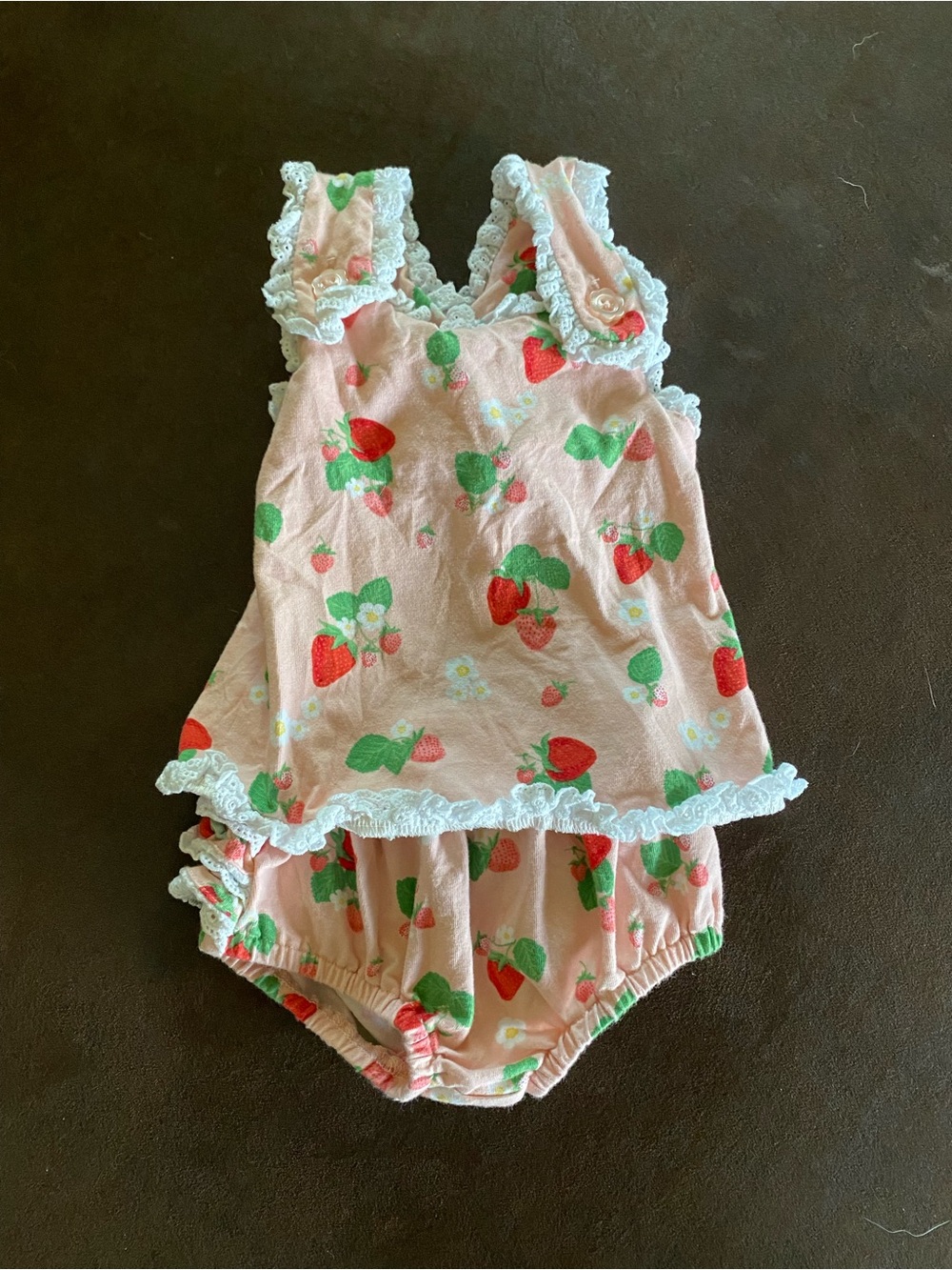 Girls' Peach Color Strawberry Print Ruffle Bloomer Set